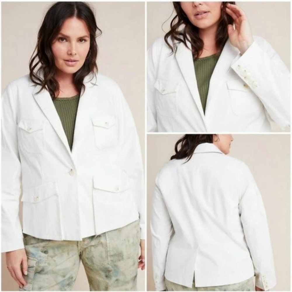 Anthropologie White Utility Blazer Jacket Women’s Size 12 Pockets Button Front